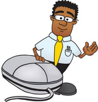 Clip Art Graphic of a Geeky African American Businessman Cartoon Character With a Computer Mouse