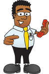 Clip Art Graphic of a Geeky African American Businessman Cartoon Character Holding a Telephone