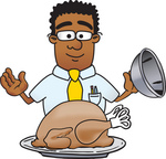Clip Art Graphic of a Geeky African American Businessman Cartoon Character Serving a Thanksgiving Turkey on a Platter