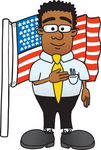 Clip Art Graphic of a Geeky African American Businessman Cartoon Character Pledging Allegiance to an American Flag