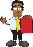 Clip Art Graphic of a Geeky African American Businessman Cartoon Character Holding a Red Sales Price Tag