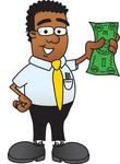 Clip Art Graphic of a Geeky African American Businessman Cartoon Character Holding a Dollar Bill