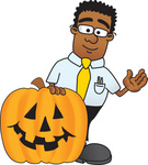 Clip Art Graphic of a Geeky African American Businessman Cartoon Character With a Carved Halloween Pumpkin