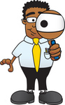Clip Art Graphic of a Geeky African American Businessman Cartoon Character Looking Through a Magnifying Glass