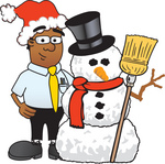 Clip Art Graphic of a Geeky African American Businessman Cartoon Character With a Snowman on Christmas