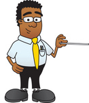 Clip Art Graphic of a Geeky African American Businessman Cartoon Character Holding a Pointer Stick