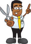 Clip Art Graphic of a Geeky African American Businessman Cartoon Character Holding a Pair of Scissors