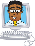 Clip Art Graphic of a Geeky African American Businessman Cartoon Character Inside a Computer Screen
