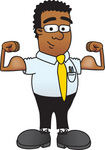 Clip Art Graphic of a Geeky African American Businessman Cartoon Character Flexing His Arm Muscles