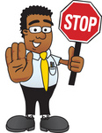 Clip Art Graphic of a Geeky African American Businessman Cartoon Character Holding a Stop Sign