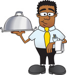 Clip Art Graphic of a Geeky African American Businessman Cartoon Character Serving a Platter