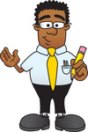 Clip Art Graphic of a Geeky African American Businessman Cartoon Character Holding a Pencil