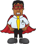 Clip Art Graphic of a Geeky African American Businessman Cartoon Character Dressed as a Super Hero