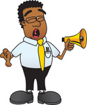 Clip Art Graphic of a Geeky African American Businessman Cartoon Character Screaming Into a Megaphone