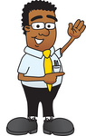 Clip Art Graphic of a Geeky African American Businessman Cartoon Character Waving and Pointing