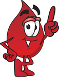 Clip Art Graphic of a Transfusion Blood Droplet Mascot Cartoon Character Pointing Upwards