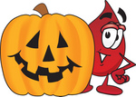 Clip Art Graphic of a Transfusion Blood Droplet Mascot Cartoon Character With a Carved Halloween Pumpkin