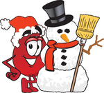 Clip Art Graphic of a Transfusion Blood Droplet Mascot Cartoon Character With a Snowman on Christmas