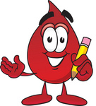 Clip Art Graphic of a Transfusion Blood Droplet Mascot Cartoon Character Holding a Pencil
