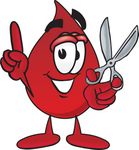 Clip Art Graphic of a Transfusion Blood Droplet Mascot Cartoon Character Holding a Pair of Scissors