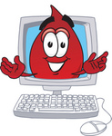 Clip Art Graphic of a Transfusion Blood Droplet Mascot Cartoon Character Waving From Inside a Computer Screen