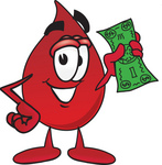 Clip Art Graphic of a Transfusion Blood Droplet Mascot Cartoon Character Holding a Dollar Bill