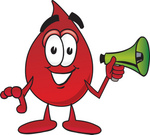 Clip Art Graphic of a Transfusion Blood Droplet Mascot Cartoon Character Holding a Megaphone