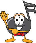 Clip Art Graphic of a Semiquaver Music Note Mascot Cartoon Character Waving and Pointing