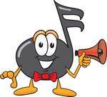 Clip Art Graphic of a Semiquaver Music Note Mascot Cartoon Character Holding a Megaphone