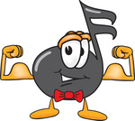 Clip Art Graphic of a Semiquaver Music Note Mascot Cartoon Character Flexing His Arm Muscles