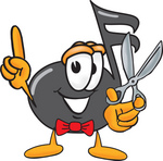 Clip Art Graphic of a Semiquaver Music Note Mascot Cartoon Character Holding a Pair of Scissors