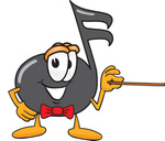 Clip Art Graphic of a Semiquaver Music Note Mascot Cartoon Character Holding a Pointer Stick