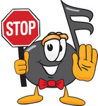 Clip Art Graphic of a Semiquaver Music Note Mascot Cartoon Character Holding a Stop Sign