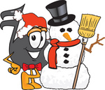 Clip Art Graphic of a Semiquaver Music Note Mascot Cartoon Character With a Snowman on Christmas