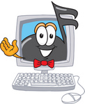 Clip Art Graphic of a Semiquaver Music Note Mascot Cartoon Character Waving From Inside a Computer Screen