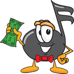 Clip Art Graphic of a Semiquaver Music Note Mascot Cartoon Character Holding a Dollar Bill