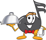 Clip Art Graphic of a Semiquaver Music Note Mascot Cartoon Character Dressed as a Waiter and Holding a Serving Platter