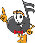 Clip Art Graphic of a Semiquaver Music Note Mascot Cartoon Character Pointing Upwards