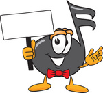 Clip Art Graphic of a Semiquaver Music Note Mascot Cartoon Character Holding a Blank Sign