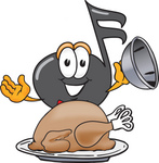 Clip Art Graphic of a Semiquaver Music Note Mascot Cartoon Character Serving a Thanksgiving Turkey on a Platter