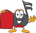 Clip Art Graphic of a Semiquaver Music Note Mascot Cartoon Character Holding a Red Sales Price Tag