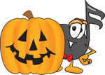 Clip Art Graphic of a Semiquaver Music Note Mascot Cartoon Character With a Carved Halloween Pumpkin