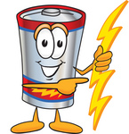Clip Art Graphic of a Battery Mascot Character Holding A Bolt Of Energy And Pointing To The Right