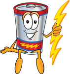 Clip Art Graphic of a Battery Mascot Character Sitting And Holding A Bolt Of Energy