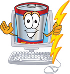 Clip Art Graphic of a Battery Mascot Character Holding A Bolt Of Energy And Waving In A Computer Screen