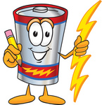 Clip Art Graphic of a Battery Mascot Character Holding a Pencil