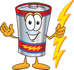Clip Art Graphic of a Battery Mascot Character Holding A Bolt Of Energy And Welcoming