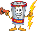Clip Art Graphic of a Battery Mascot Character Holding A Bolt Of Energy And Megaphone