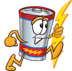 Clip Art Graphic of a Battery Mascot Character Holding A Bolt Of Energy And Running