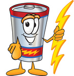 Clip Art Graphic of a Battery Mascot Character Holding A Bolt Of Energy And Pointing at the Viewer